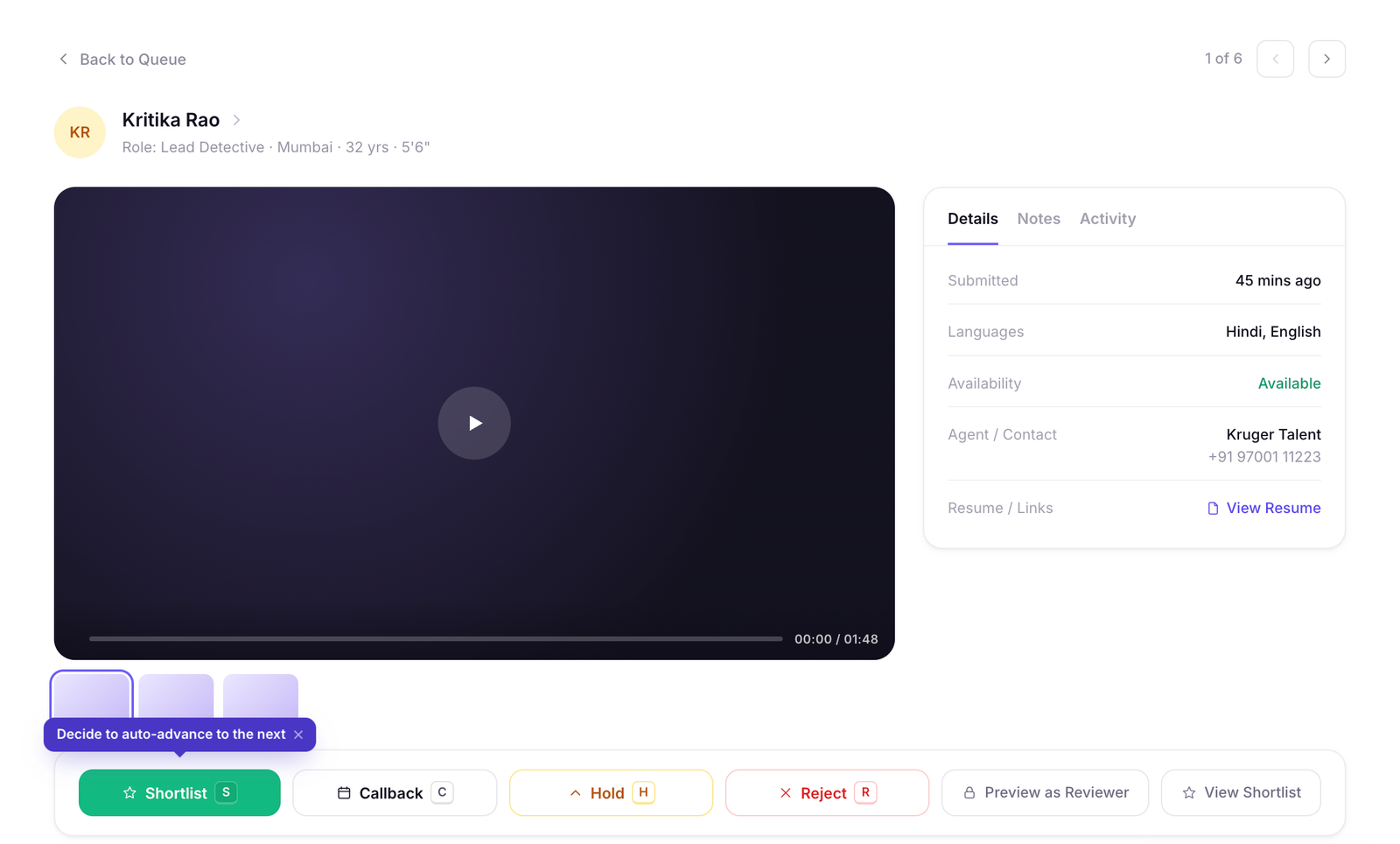 CastingWorkFlo actor review screen for evaluating auditions and recording casting decisions