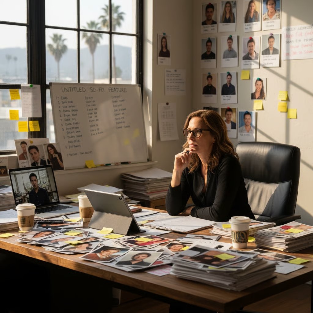 A casting director surrounded by scattered headshots, sticky notes and spreadsheets at a cluttered desk