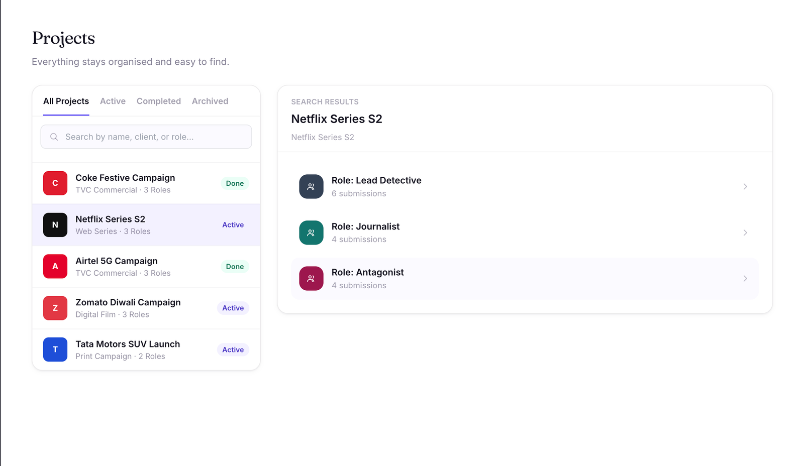 CastingWorkFlo projects view for managing casting projects and production details
